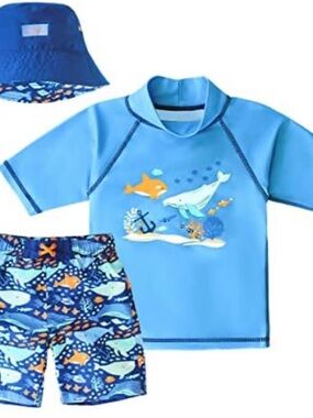 Skin Kids Navy Blue Ocean Reef Swim Trunks with Orange Accents size 7